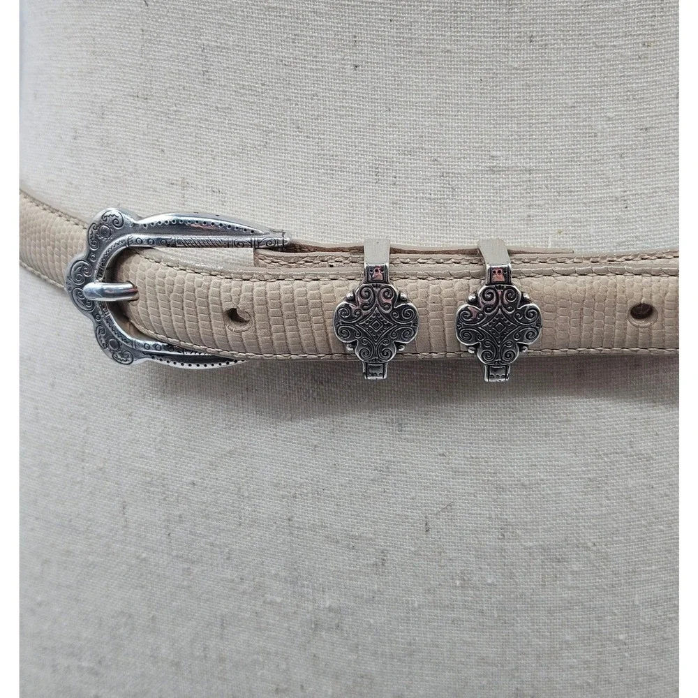 Brighton B10174 Beige Lizard Embossed Leather Skinny Belt Silver Buckle Size M30